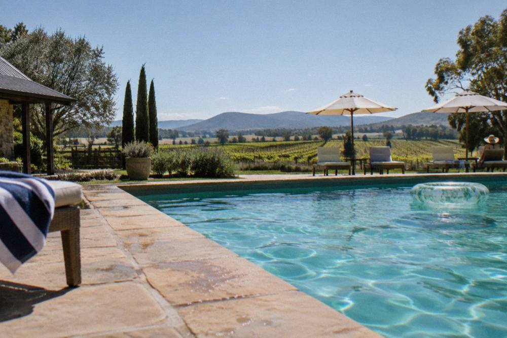 A resort swimming pool overlooking rows of vineyard at midday